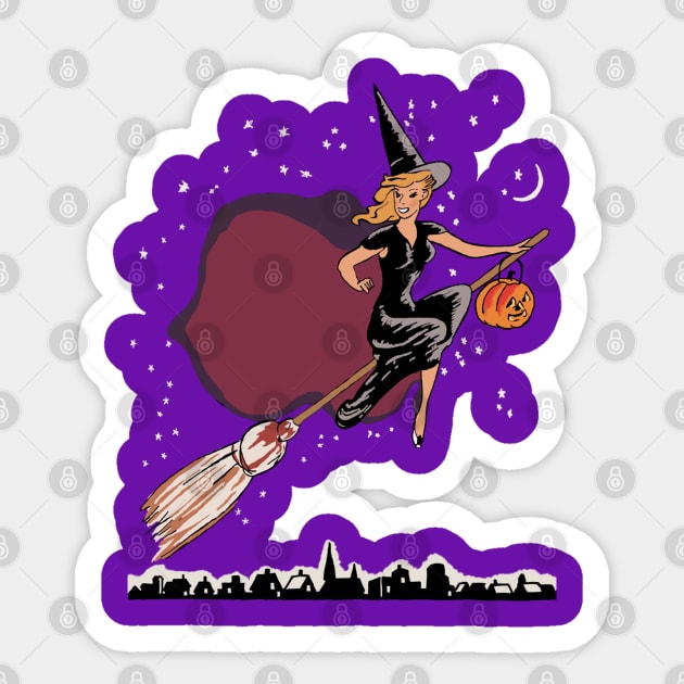 Witches Fly In The Sky On Halloween Night Witch on Broom with Jackolantern Sticker by Souvenir T-Shirts